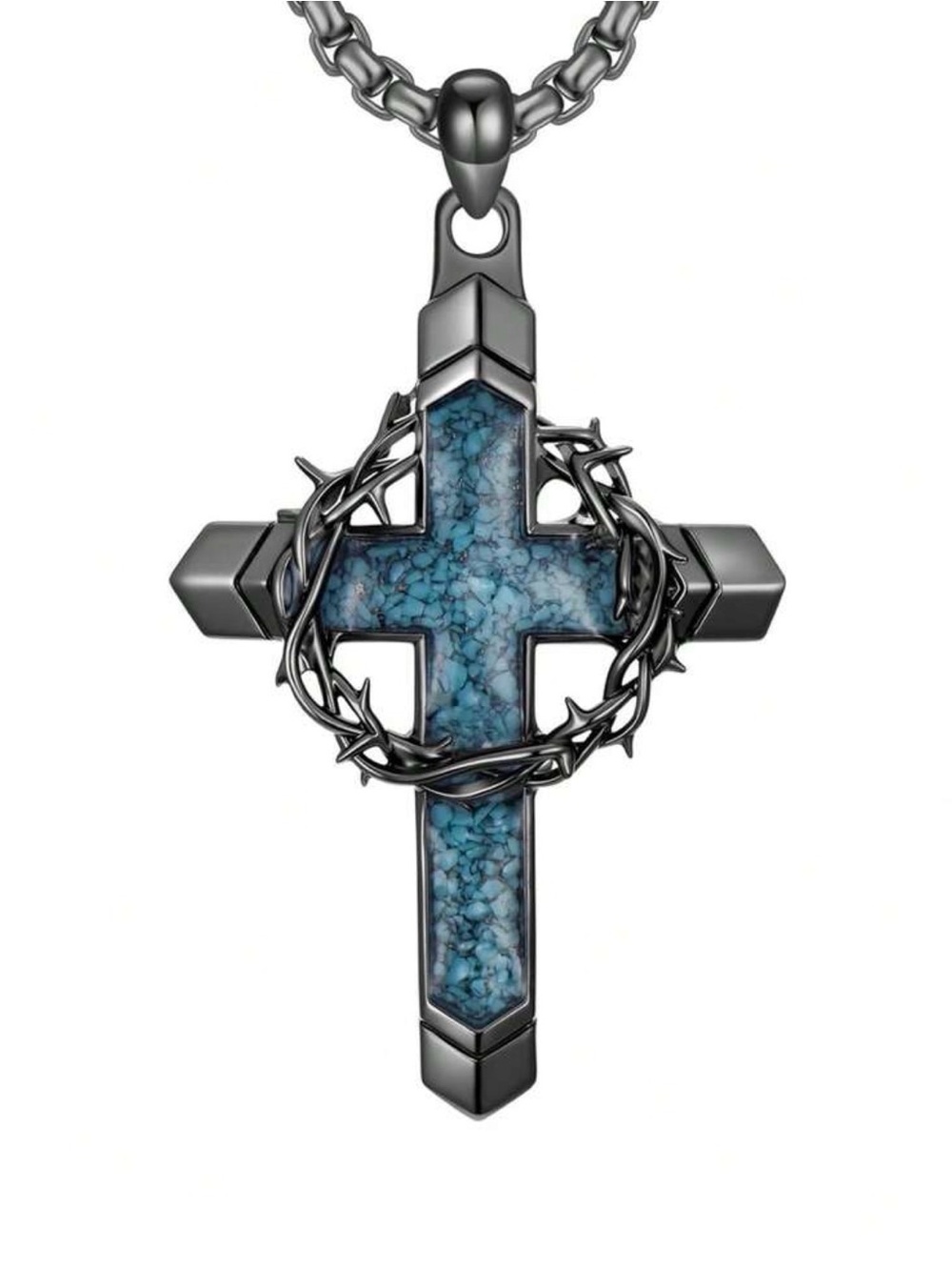 Blue Stone‎ Cross Pendant Necklace with Crown of Thorns